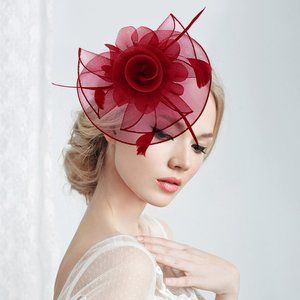 Burgandy Flower Feather Mesh Bow Fascinator Headband